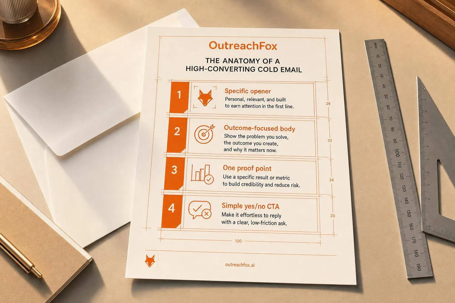 Cold email template with highlighted sections showing structure and conversion elements