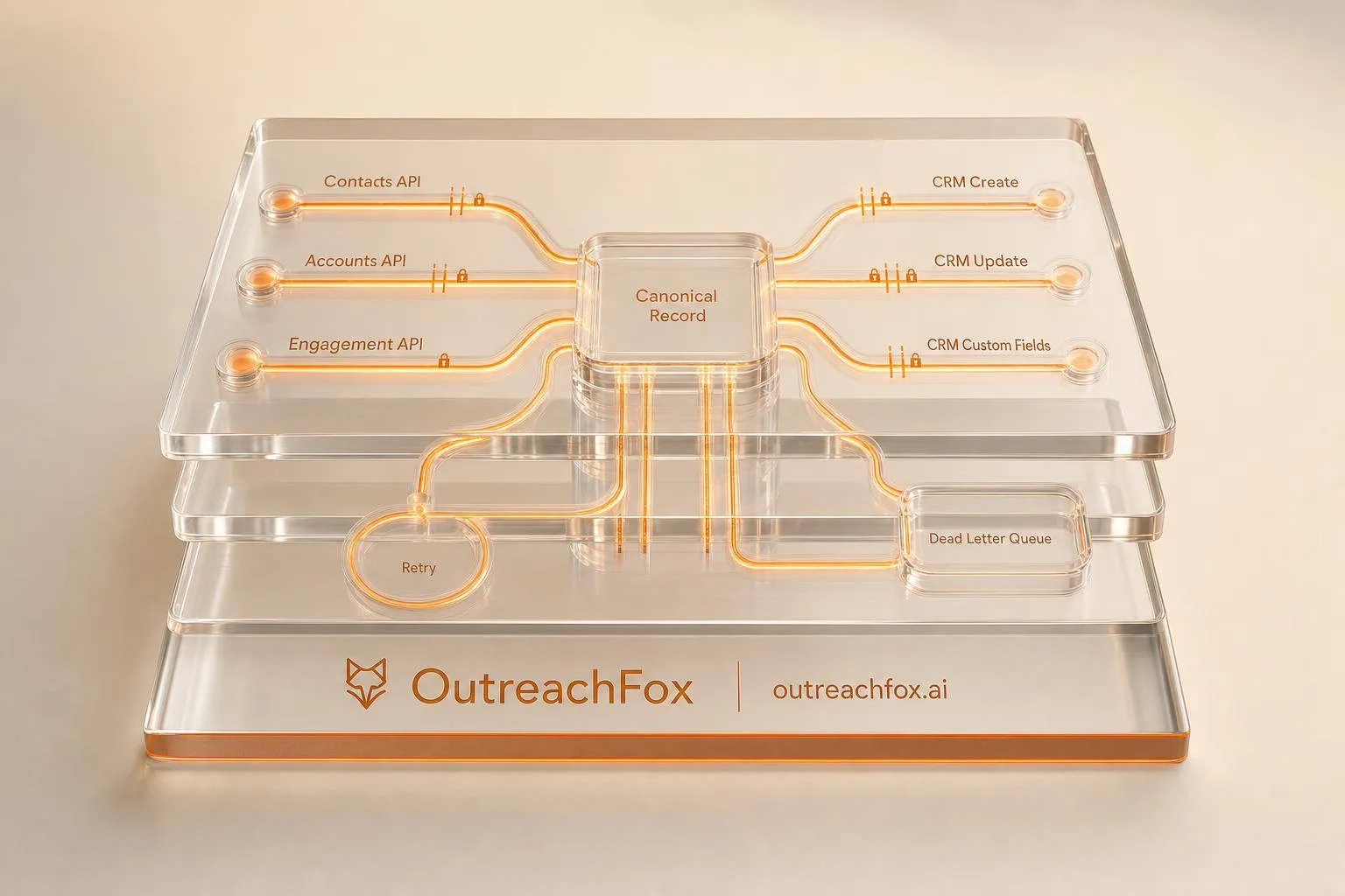 Diagram showing CRM to outreach platform field ownership and sync architecture