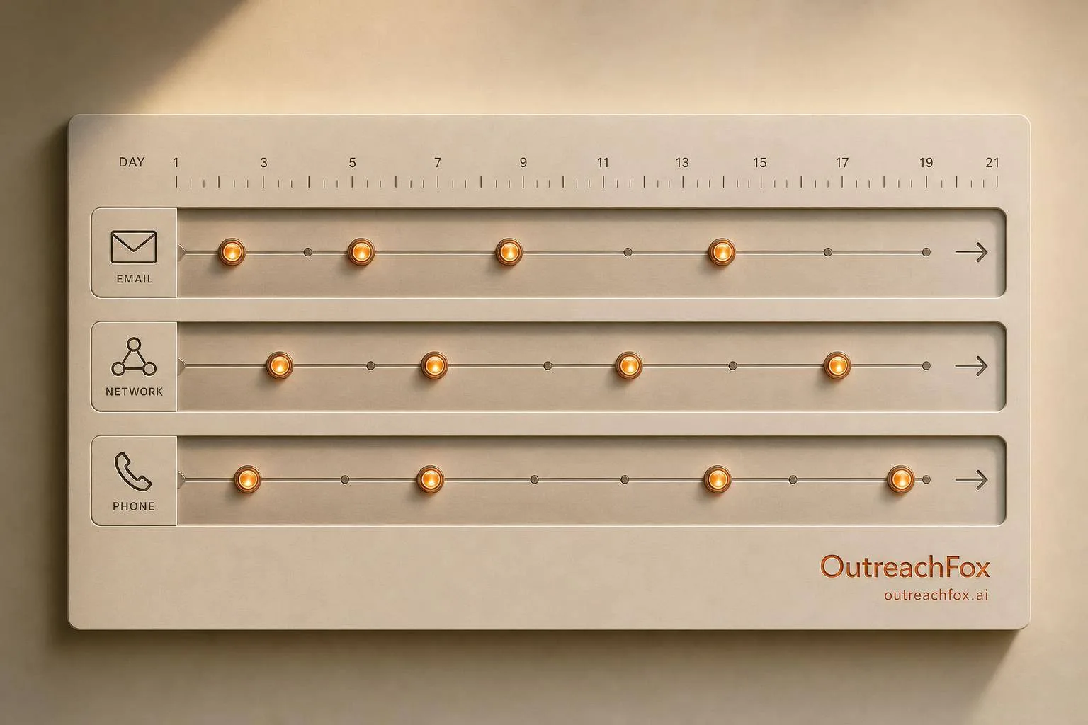 Multichannel outreach cadence showing email LinkedIn and phone touchpoints timeline