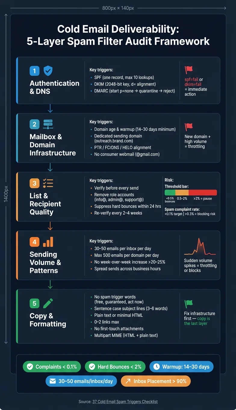 Cold Email Deliverability: 5-Layer Spam Filter Audit Framework