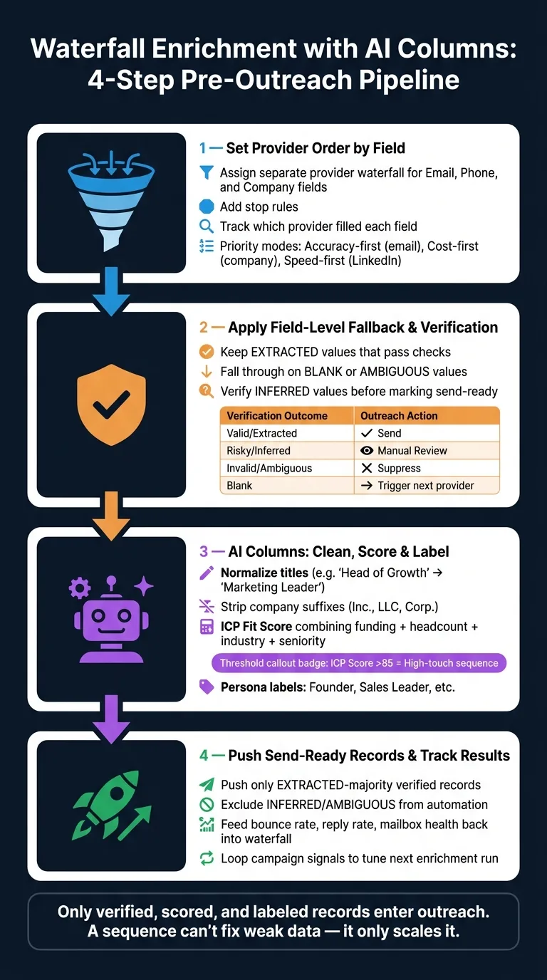 Waterfall Enrichment with AI Columns: 4-Step Pre-Outreach Pipeline