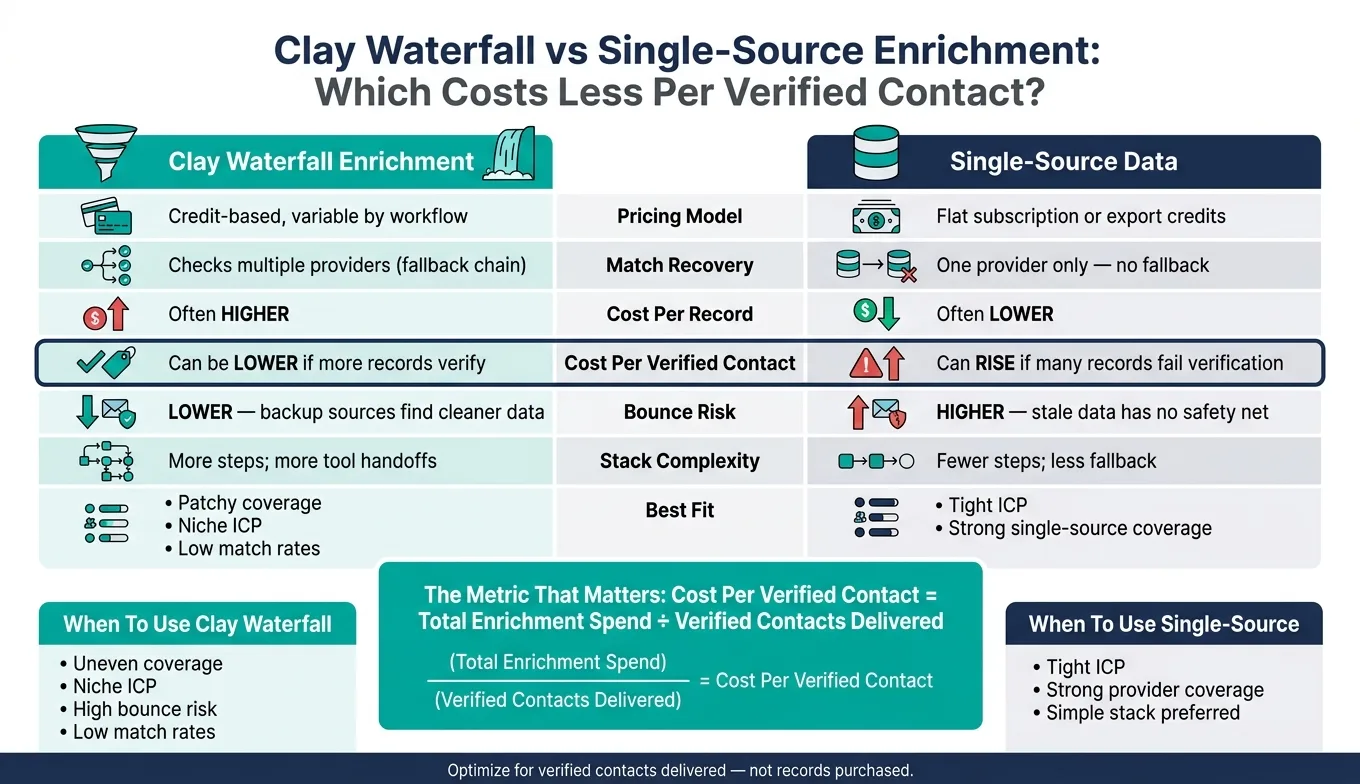 Clay Waterfall vs Single-Source Enrichment: Cost Per Verified Contact Compared