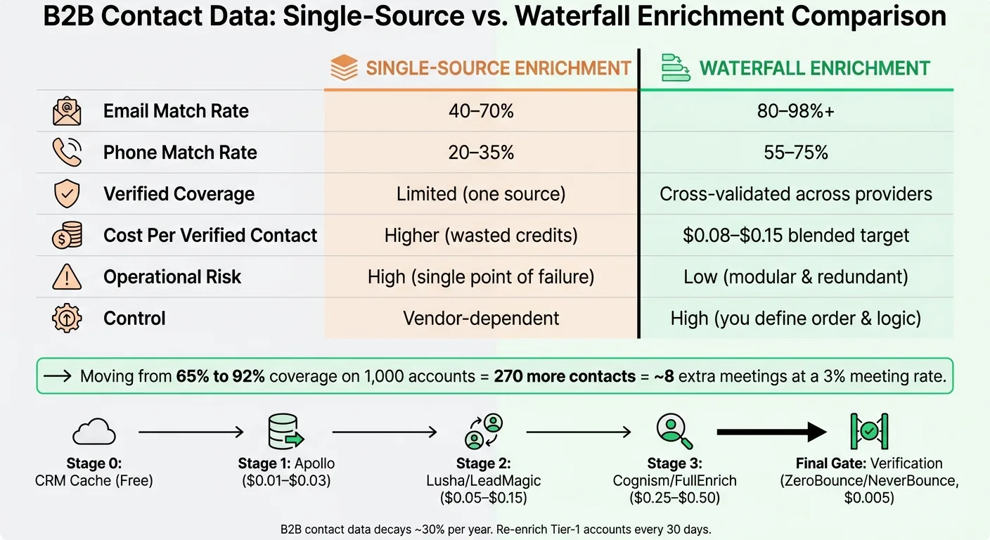 Single-Source vs. Waterfall Enrichment: Coverage, Cost & Control