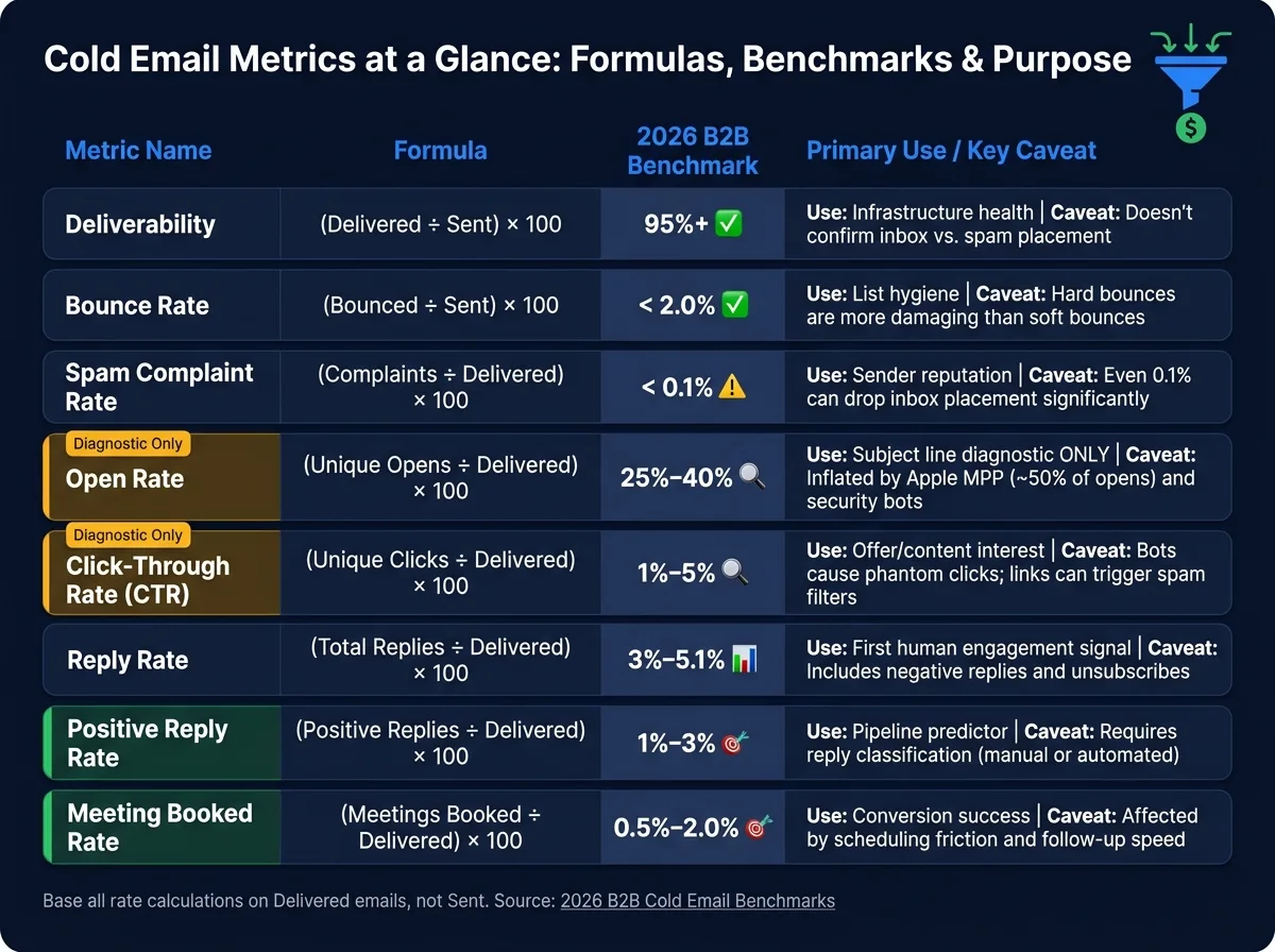 Cold Email Metrics: Formulas, Benchmarks & What Each Measures